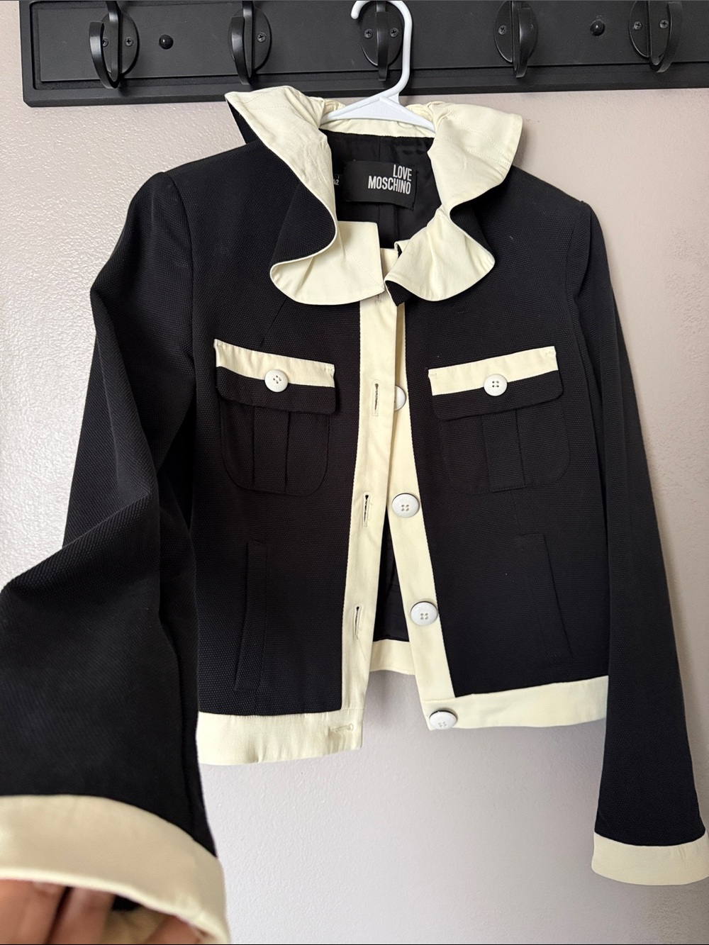 Love Moschino Black and Cream Ruffle Collar Contrast Jacket